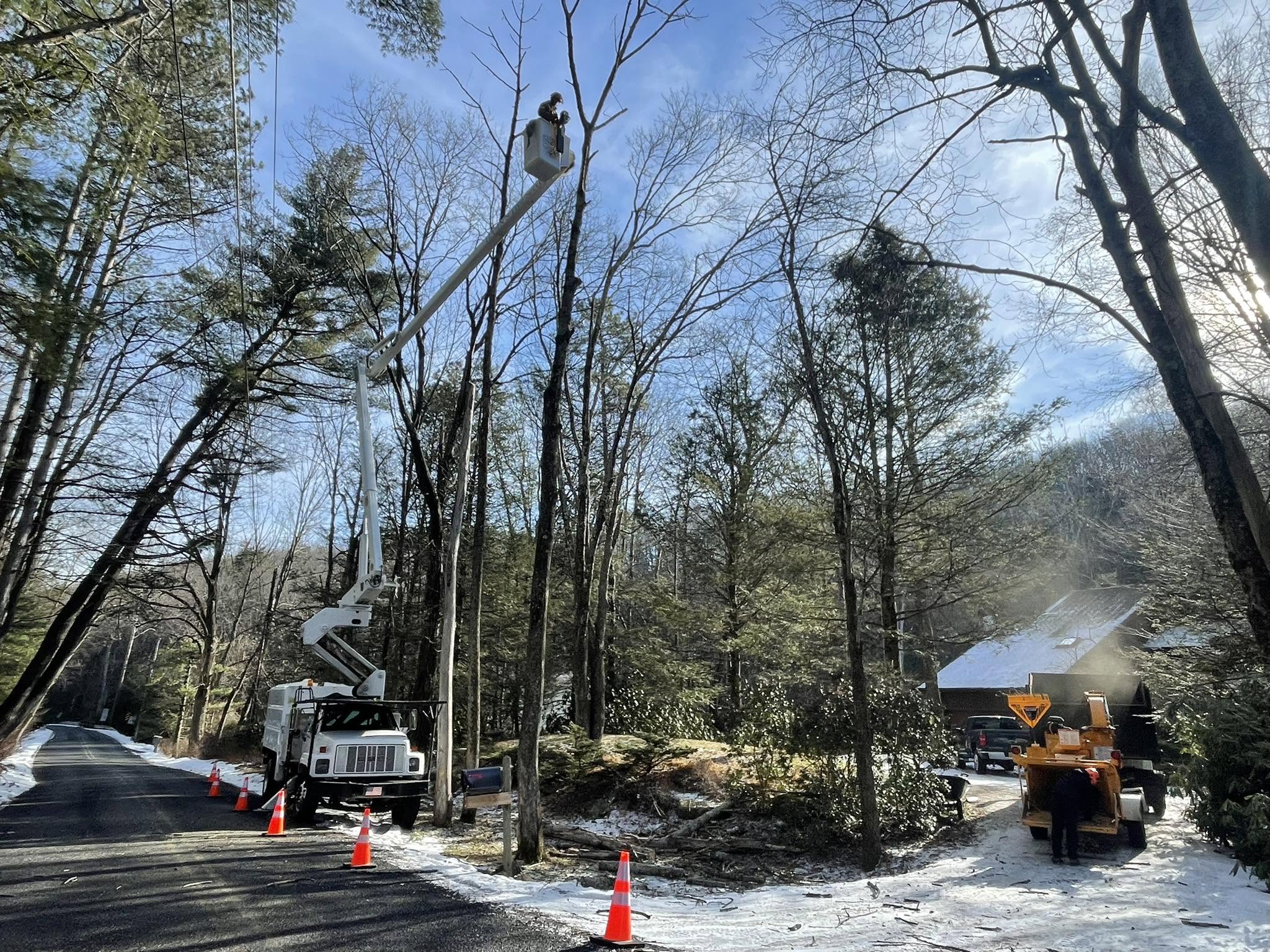 Bucket truck boom raised high into bare trees along a wooded road with a wood chipper truck staged nearby