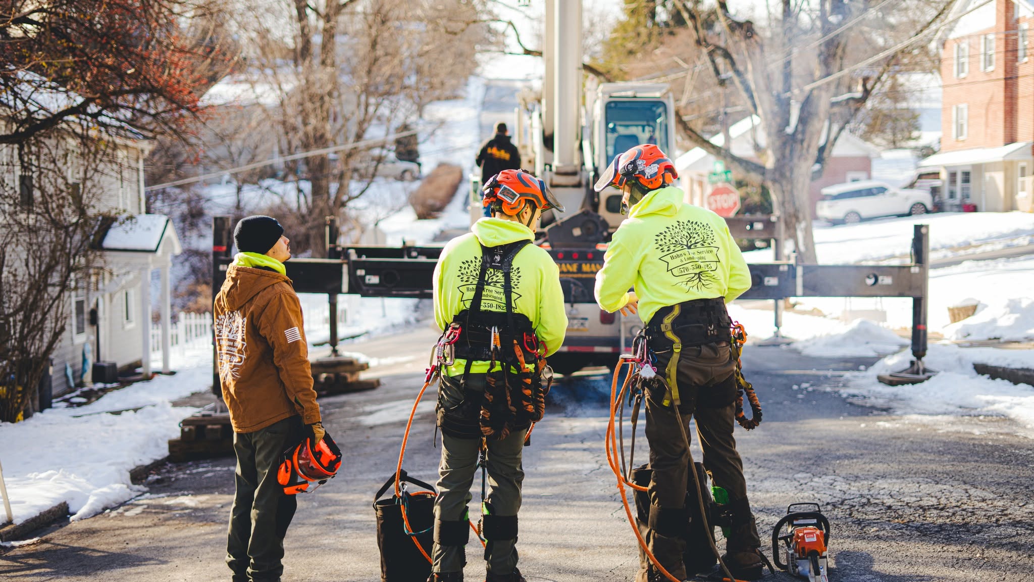 Hahn's Tree Service bucket truck boom raised into tall trees along a dirt road with crew in yellow safety vests staged below