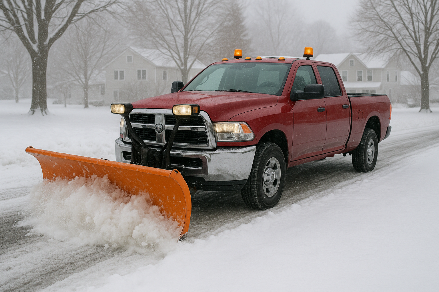 Hahn's Tree Service red plow truck clearing snow from a road in Palmerton PA during winter
